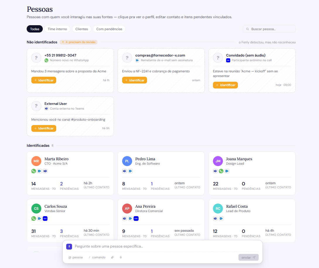 Fenly screen: person profile with omnichannel timeline